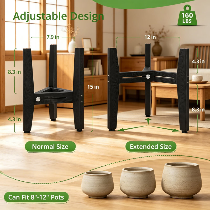 Support à plante réglable ajustable pour une utilisation intérieure et extérieure, support pour plante HDPS moderne robuste avec finition grain de bois, pour pots de 8 à 12 pouces, paquet de 2