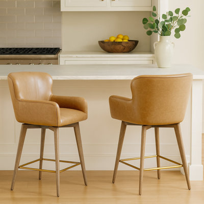 Mid-Century Swivel Counter Height Bar Stools Set of 2, Faux Leather Modern Upholstered Bar Chairs with Back and Wood Frame for Kitchen Island or Home Bar