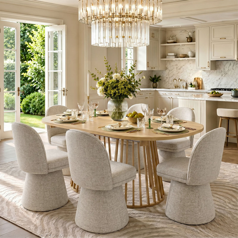 6 - Person Dining Table Sets With Extendabe Oval Table & 6 Upholstered Tweed Swivel Chairs, Oatmeal