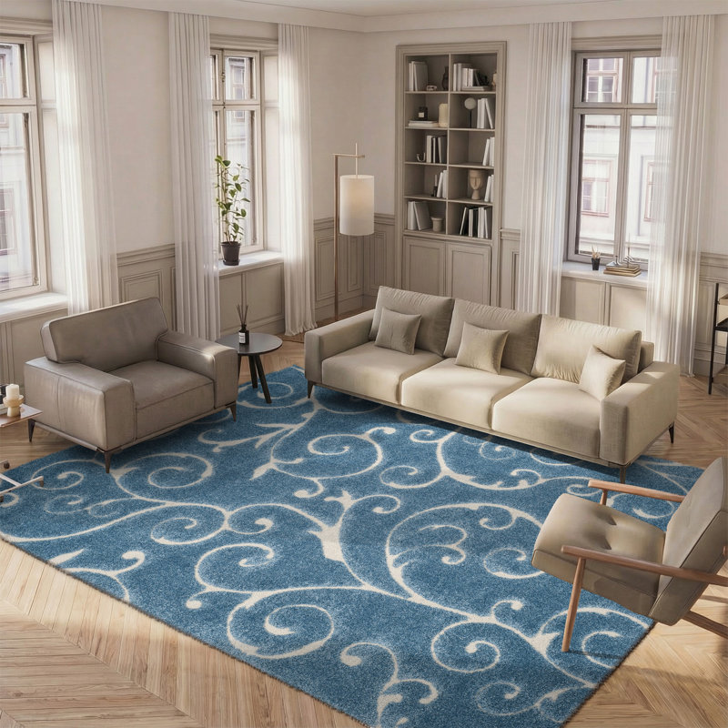 Tapis Amza, Carré 9 pi, Crème/bleu