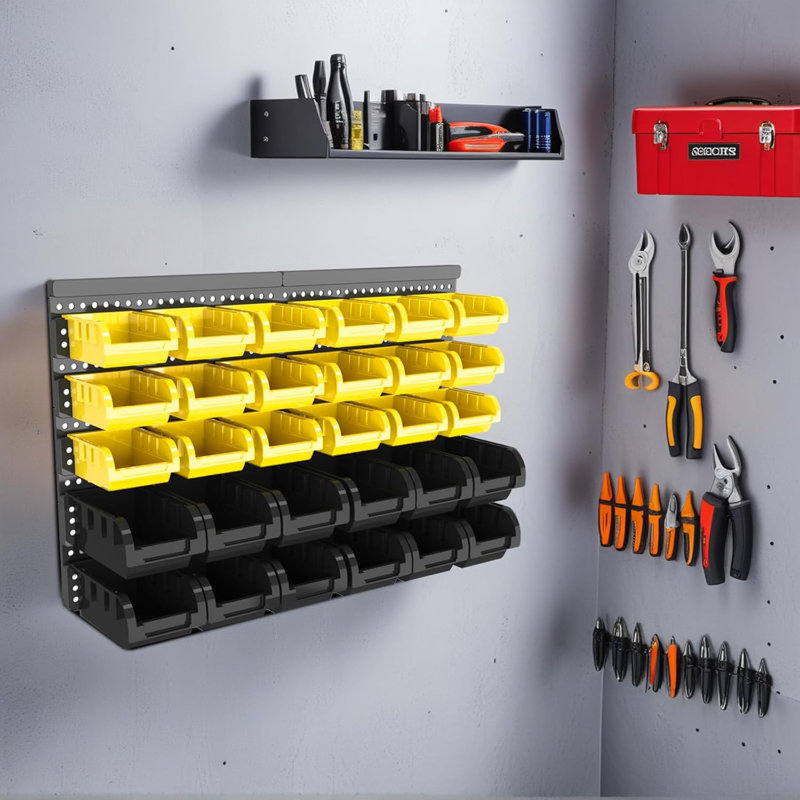 Organisateur de bacs de rangement mural robuste, H 16,1 po x l 25,2 po x P 6,5 po, Jaune / Noir