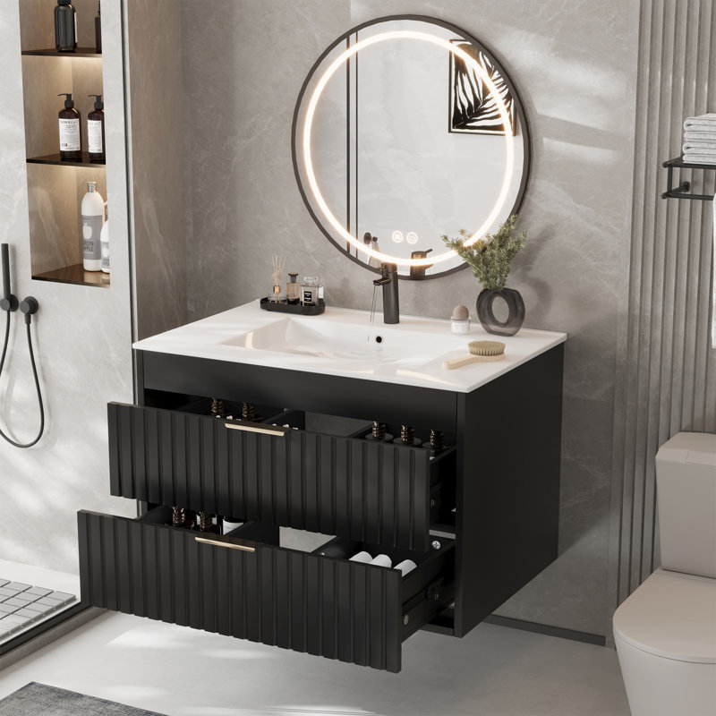 Meuble-lavabo de salle de bain avec lavabo, armoires flottantes murales avec 2 tiroirs cannelés et poignée en métal, lavabo en céramique intégré pour appartement, maison