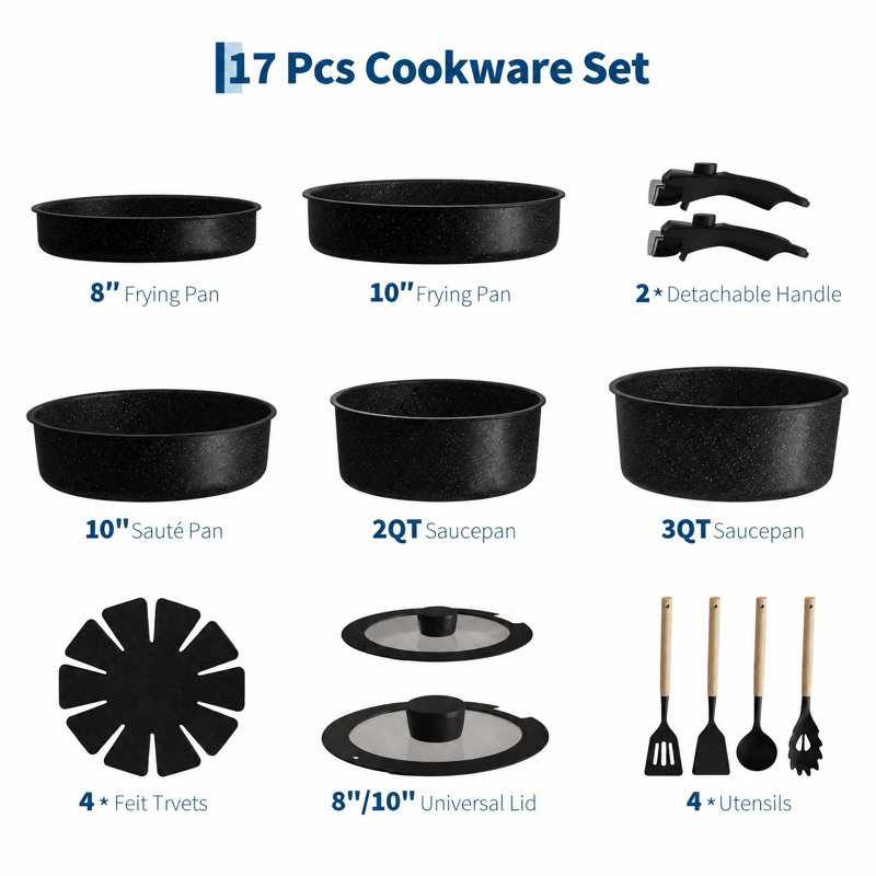 19 Piece Non-Stick Pots and Pans Set, Detachable Handle Cookware