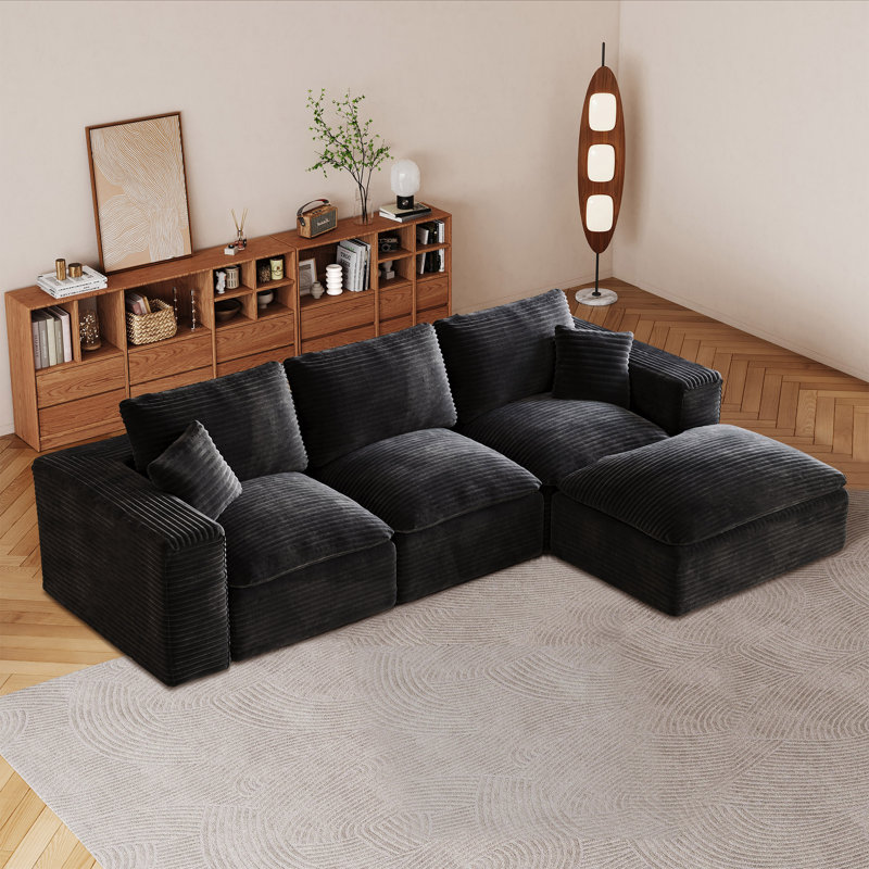 Canapé modulaire rembourré en L 4 pièces Glendora, Velours noir
