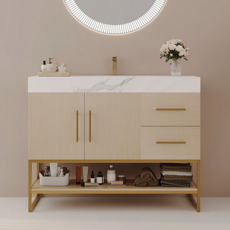 Modern Free-Standing Bathroom Vanity with Seamless Ceramic Sink & Sintered Stone Top, Brun