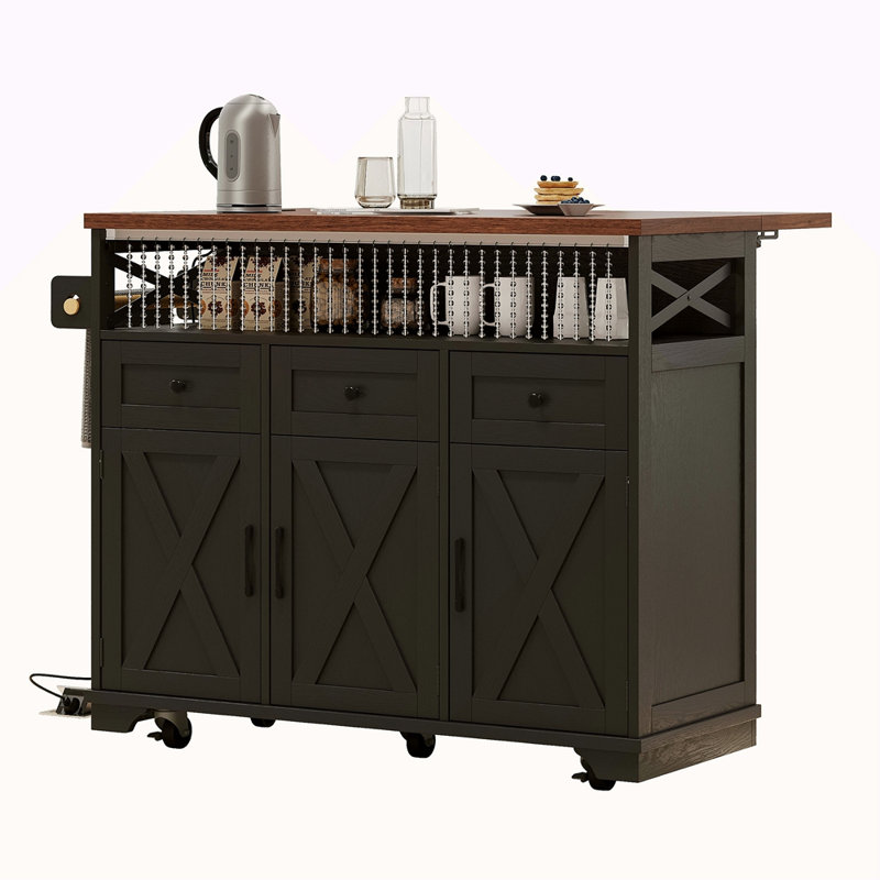 46.5'' Farmhouse Kitchen Island With Drape Of Beads, Power Outlet, Rolling Kitchen Cart On Wheels With Drop Leaf, 3 Doors , 3 Drawers And Internal Iron Shelf, For Kitchen, Dining Room