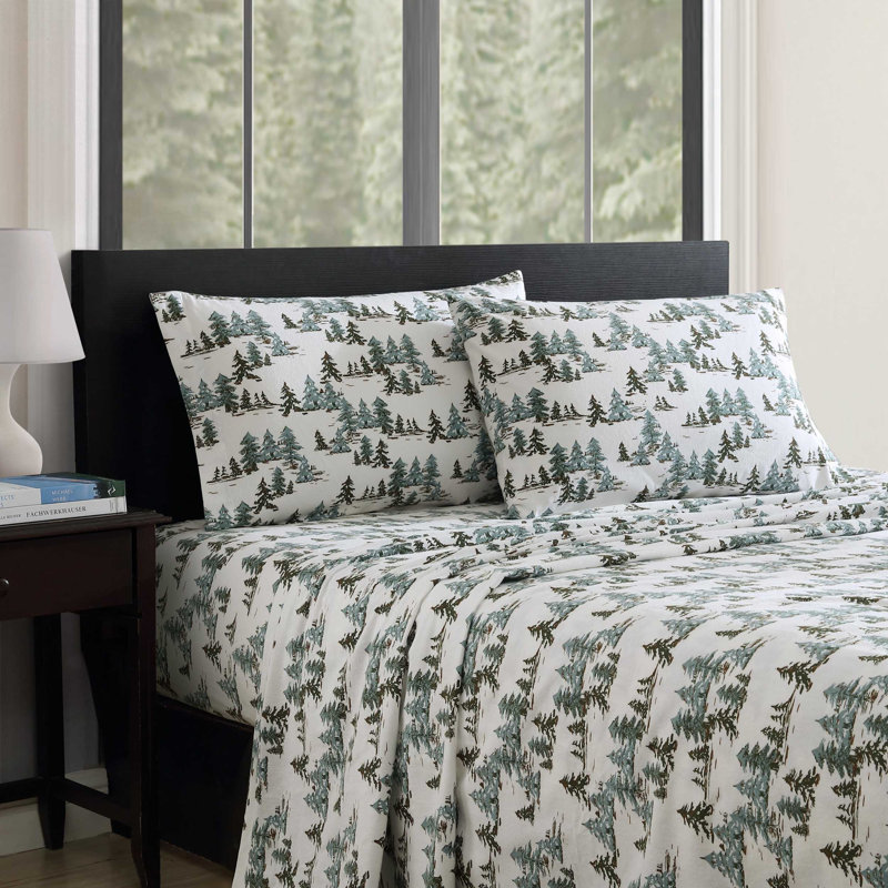 Ensemble de draps 100% coton 200 fils, Ensemble de draps pour grand lit avec 2 taies d'or, Pin enneigé vert
