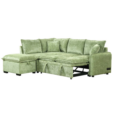 82.67"Convertible Sofa Bed Sectional Sofa Sleeper Lshaped Sofa With A Storage Ottoman,Two Pillows, Two Power Sockets And Two USB Ports For Living Room, Green