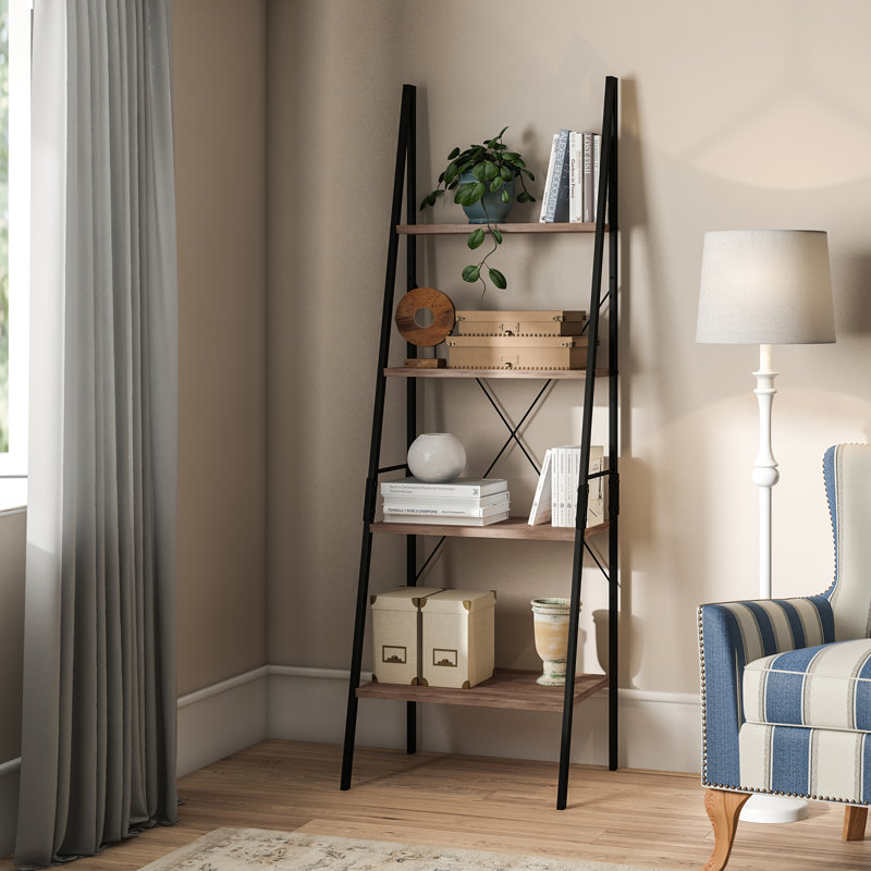 Tall 4 Level Living Room Steel Frame Ladder Bookcase and Office Display Shelf 60cm, Grey