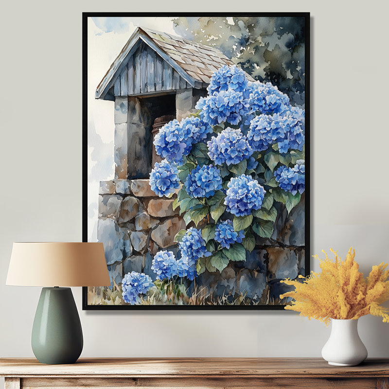 «Hydrangeas By The Farm Well I - Hydrangea», reproduction sur toile encadrée, H 44 po x l 34 po, Noir