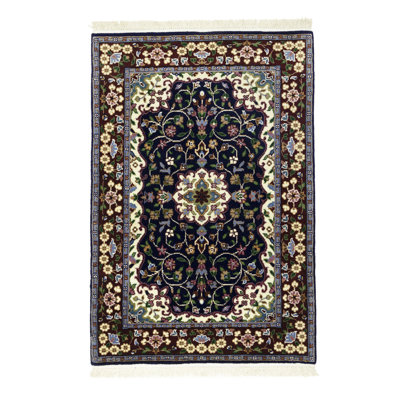 Tapis rectangulaire bleu en laine noué à la main à motif floral
