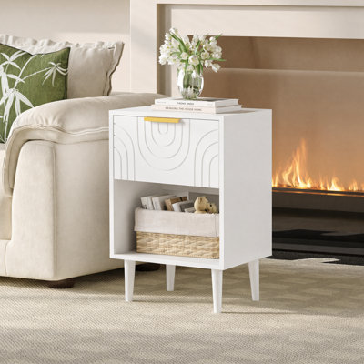 Nightstand with Embossed Drawer and Open Storage Cubby, Modern Bedside Table with Solid Wood Legs, Wooden End Side Table for Bedroom, Small Space
