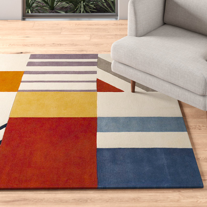 Tapis ivoire / bleu / rouge / jaune en laine touffeté à la main Tripoli, Rectangle de 10 pi x 14 pi