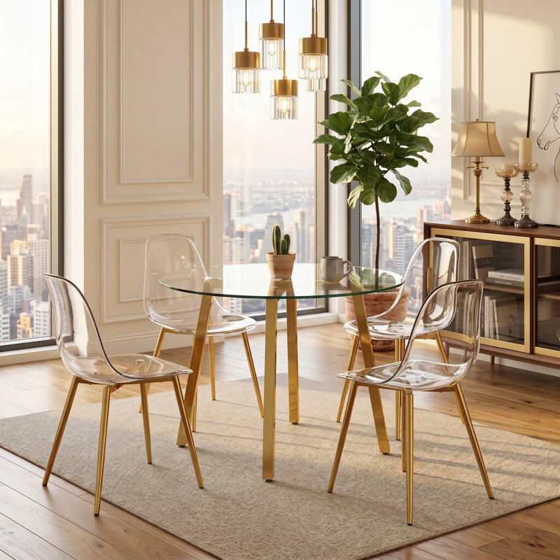 Ensemble de salle à manger 5 pièces rond en verre trempé avec quatre chaises en acrylique, Doré, 5 pièces: table 4 chaises