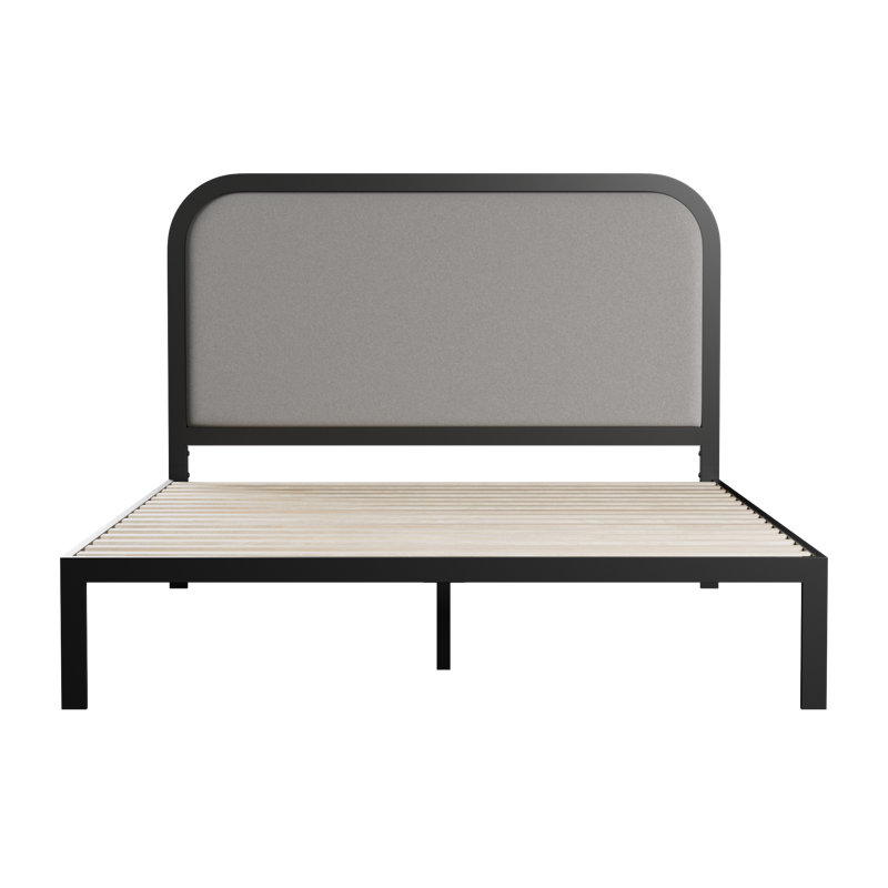 Queen Black Metal Bed Frame with Upholstered Headboard and Slats