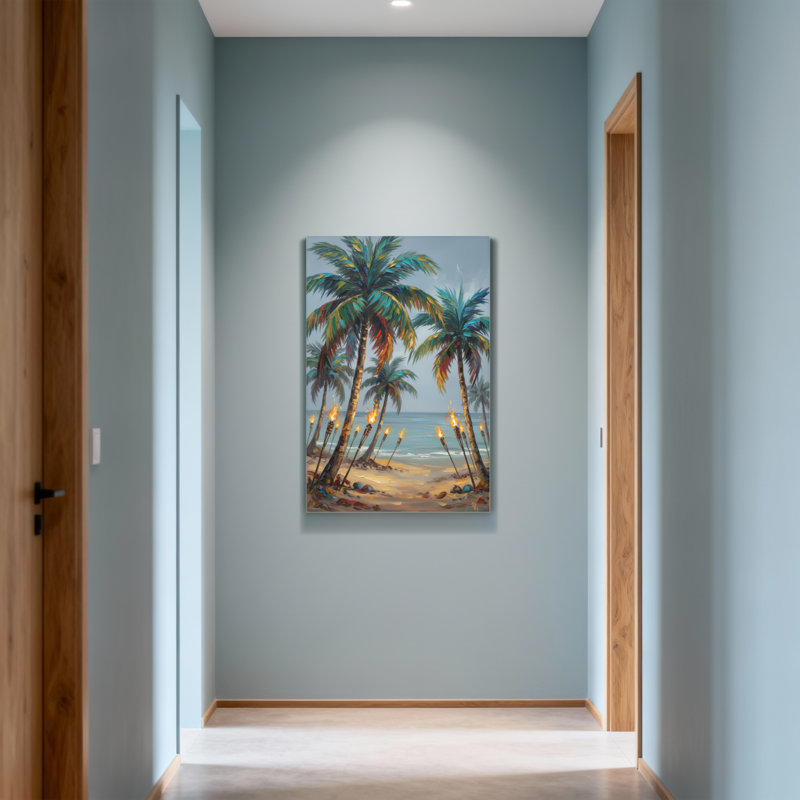 Plantes et fleurs, palmiers tropicaux, plage, torches de feu, coucher de soleil, océan, H 40 po x l 28 po