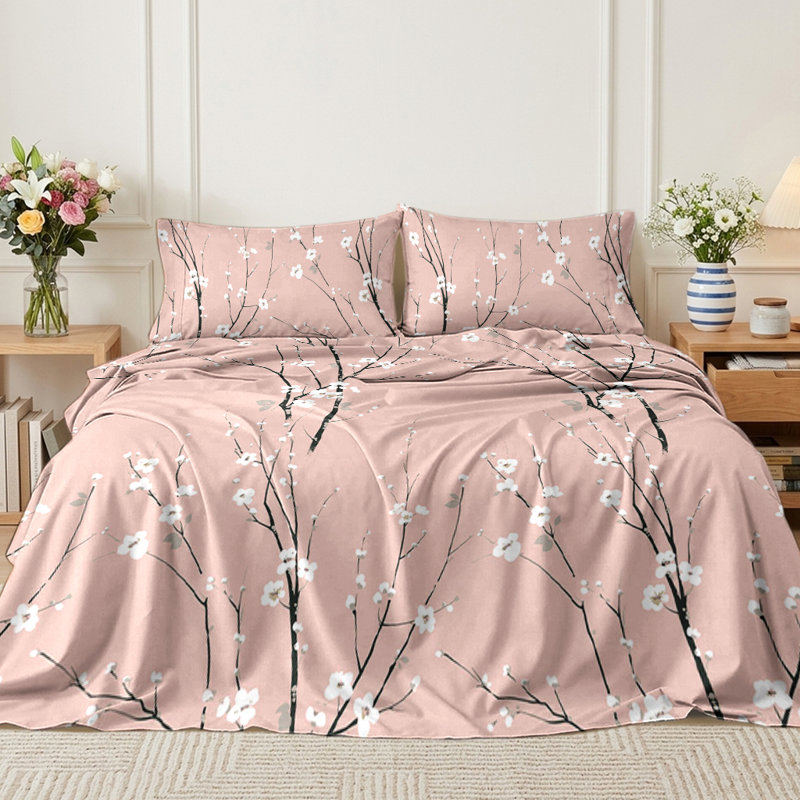 Floral Sheet Set, Full Sheet Set with Fitted Sheet & 2 Pillowcases, Pink