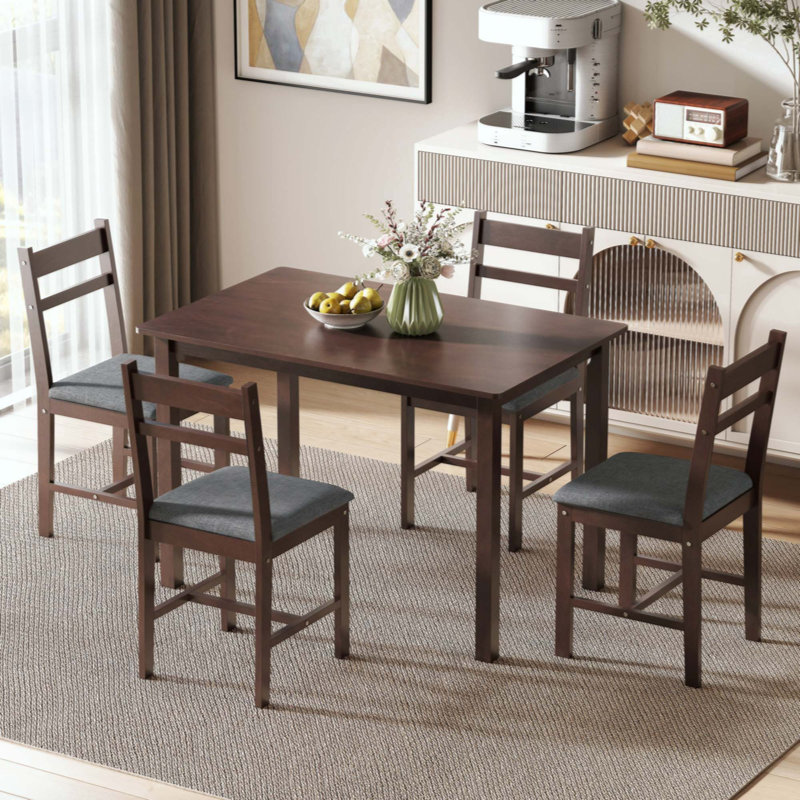 Ensemble de salle à manger 5 pièces en bois massif pour 4 personnes, table de cuisine de style campagnard avec chaises rembourrées pour petits espaces, salle à manger, coin repas