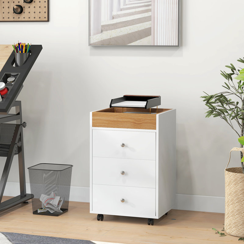 Armoire de rangement pour bureau à 3 tiroirs HOMcom, tiroir de bureau sur roulettes avec plateau amovible, support pour imprimante sous le bureau avec rangement, blanc