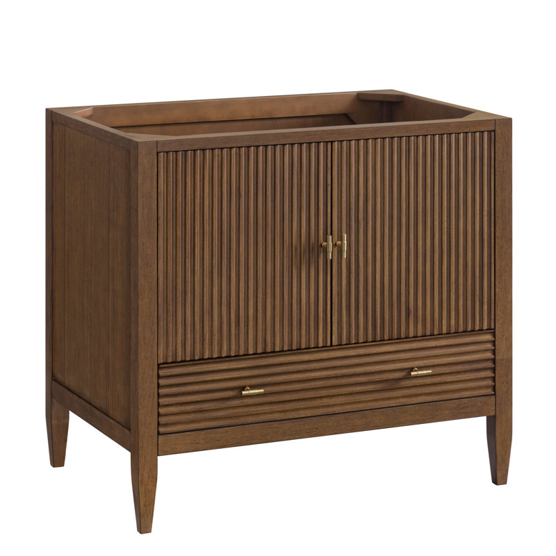 Myrrin 36'' W Single Vanity, Mid-Century Walnut, White Zeus, 8" Widespread