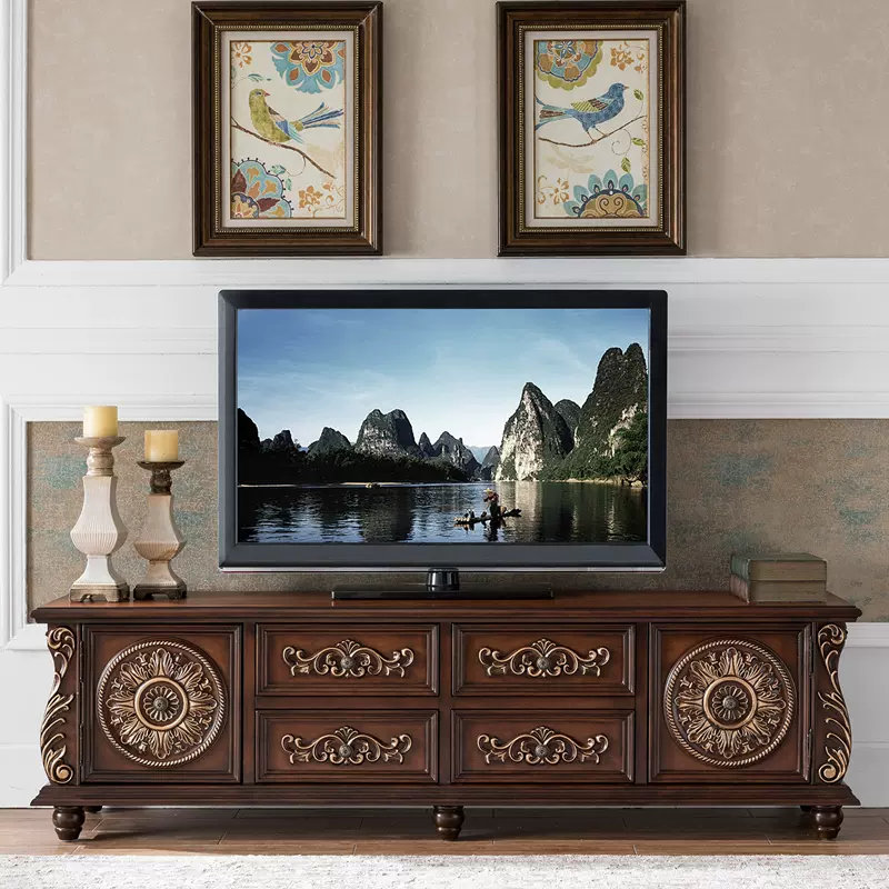 Vintage Carved Solid Wood TV Cabinet TV Stand for TVs up to 75", Brown