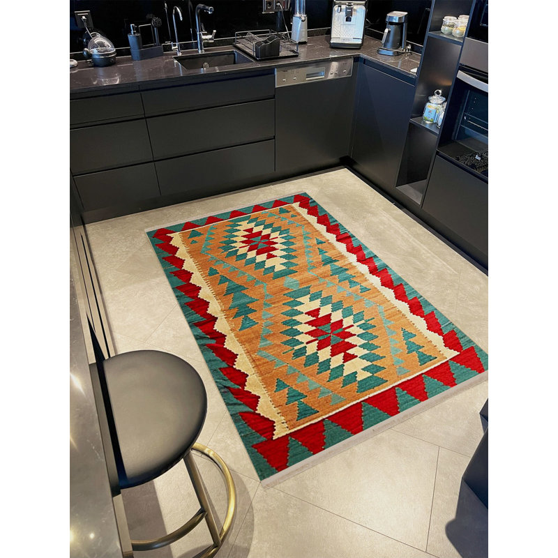 Tapis décoratif à motif tissé vert et orange, Rectangle 5 pi 1,02 po x 7 pi 6,55 po