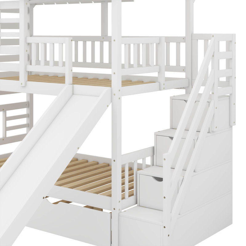 Charming House-Shaped Twin Over Twin Bunk Bed With Sliding Trundle Space-Saving Stairs, White