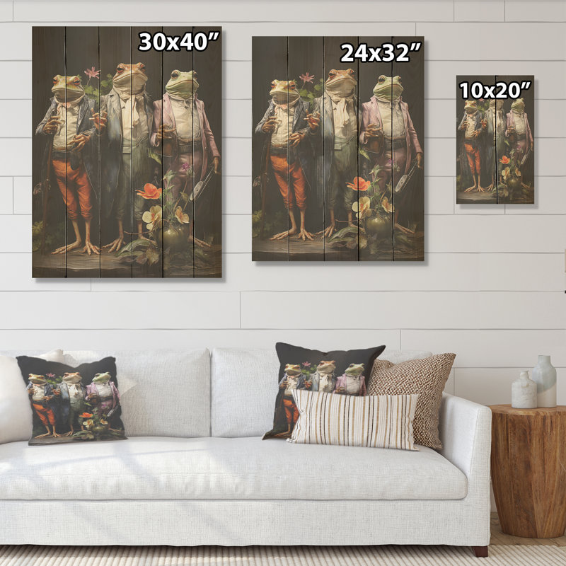 Dressed Frog Ballet - grenouilles et crapauds, art mural sur bois de pin naturel, H 20 po x l 10 po