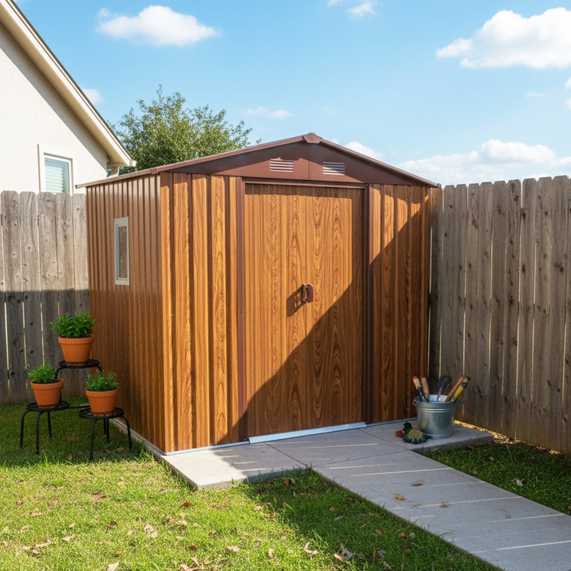 Remise de rangement extérieure en métal 6 pi x 6 pi avec fenêtre et base de plancher en métal, Brun