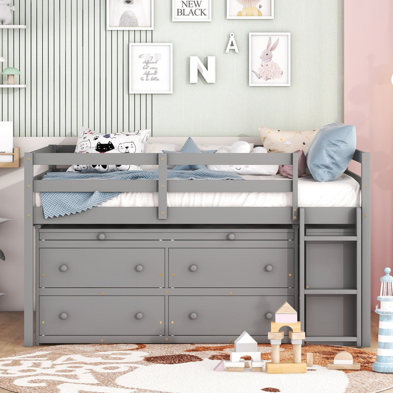 Lit mezzanine en bois massif avec bureau et tiroirs gris - Espace de travail idéal pour les petites chambres, Lit double