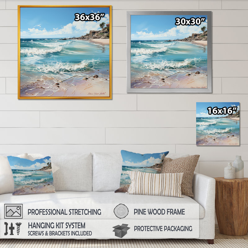 «Ocean Beach Charm Art», impressions sur toile océan, Cadre doré simple, H 16 po x l 16 po x P 1 po