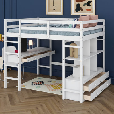 Lit mezzanine double avec bureau intégré avec deux tiroirs et tablettes et tiroirs de rangement, convient aux enfants, aux adolescents et aux adultes