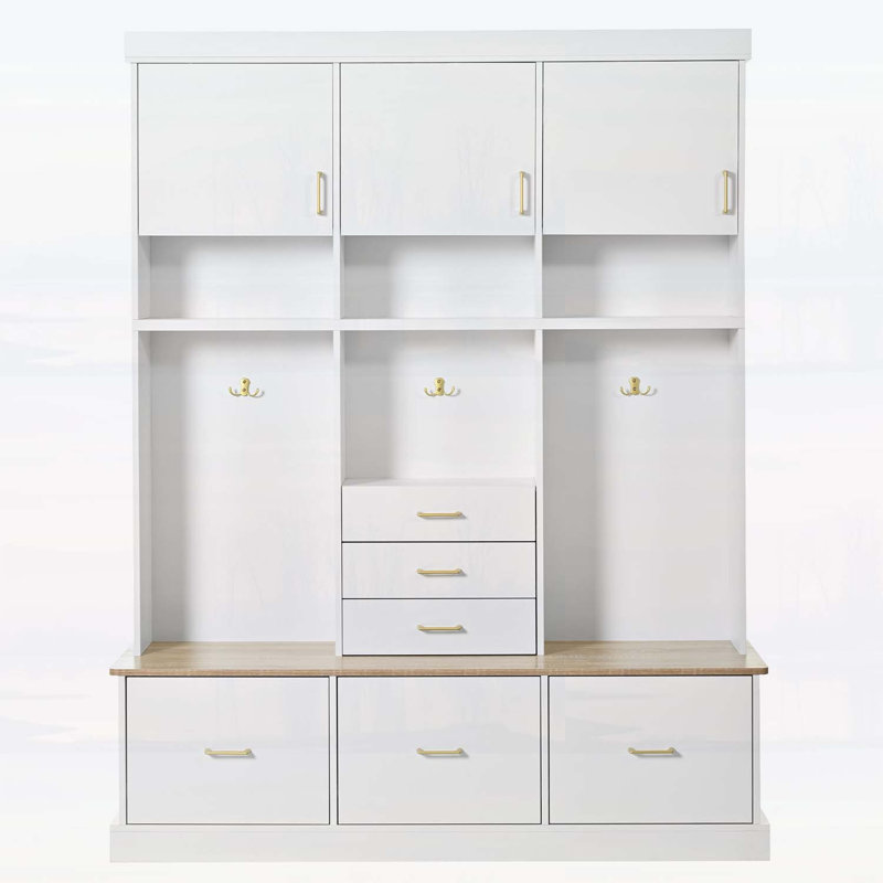 Modern Hall Tree with Coat Rack,6 Drawers,3 Cabinets,and Bench, White/Natural