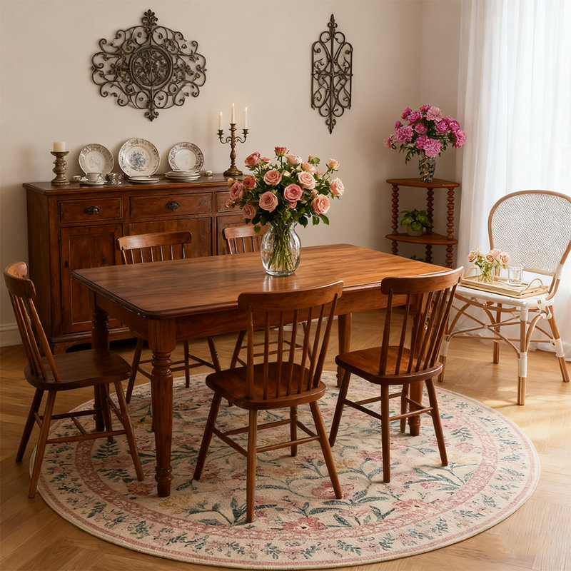 Machine-washable pink carpet Round bohemian floral rug, Round 6'