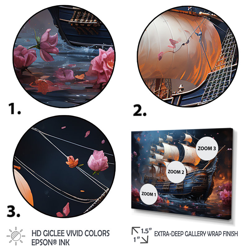Pirate Ship Nightly Voyage III - Art mural pirate, Cadre flottant brun, H 24 po x l 32 po x P 1 po