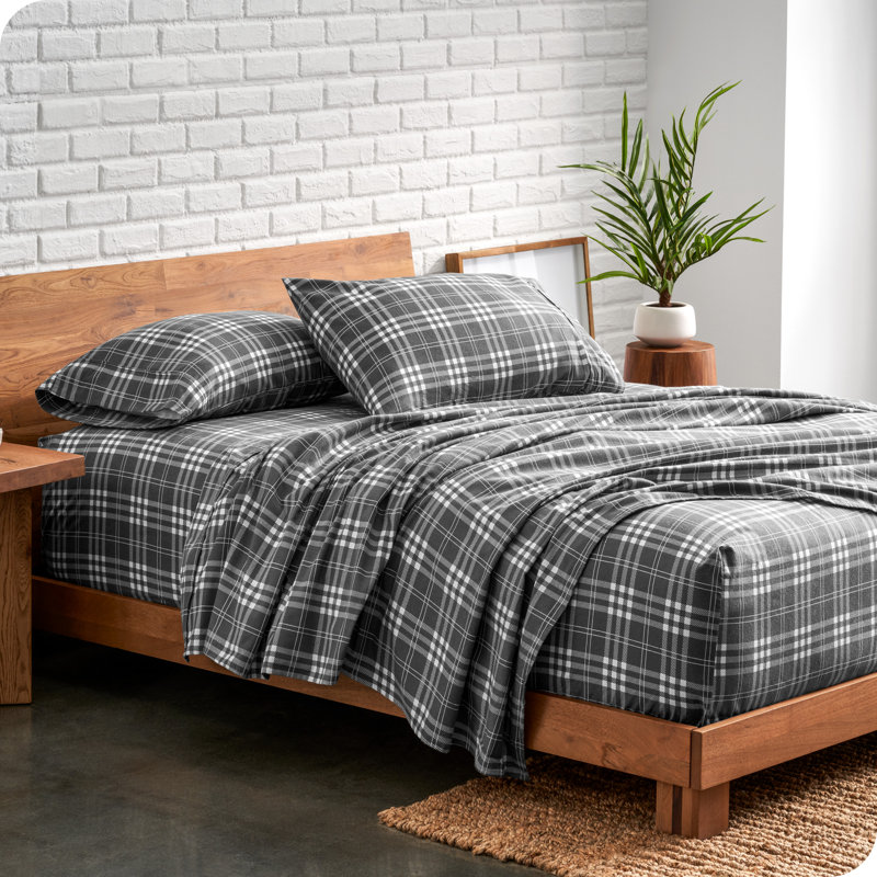 Ensemble de literie en flanelle 100 % coton, Tissu écossais Stirling gris et blanc