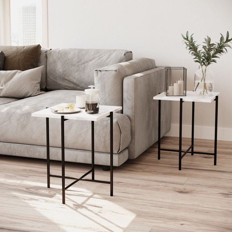 Set of 2 Pcs Marble Effect Tops Round Side End Coffee Table Metal Frame, White