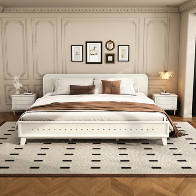 Très grand lit en pin massif avec finition blanche, élégance intemporelle, fonctionnalité moderne, L 82,7 po x l 77,6 po, rangement de 6,3 po, lit facile à assembler, couleur, sans sommier, fabrication, 82,7 po de long,