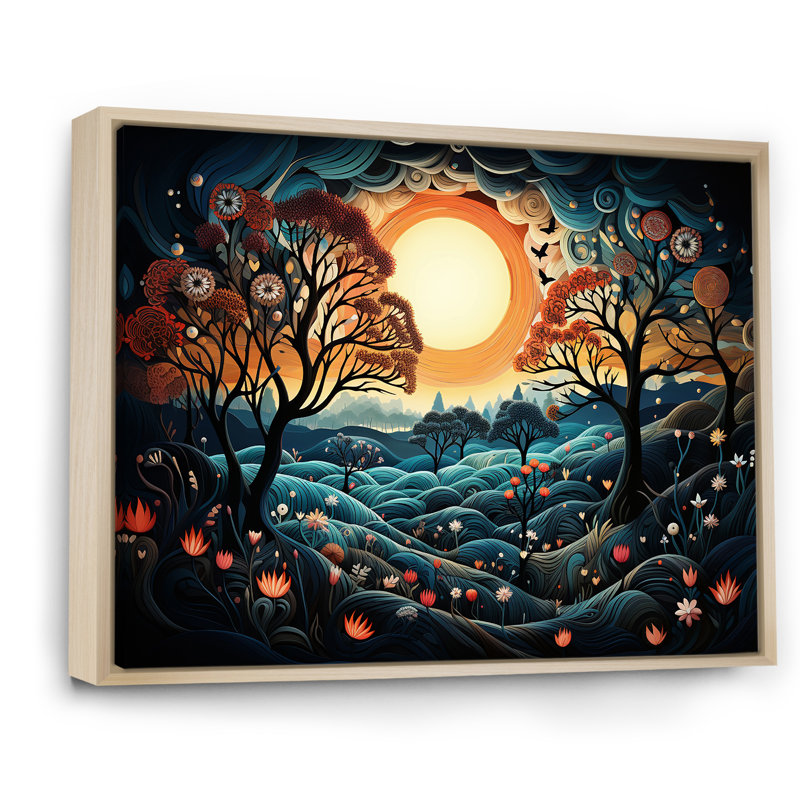 «Blue Horizon of Heart Trees Landscape II», art mural arbre, Cadre flottant brun, H 30 po x l 40 po x P 1,5 po