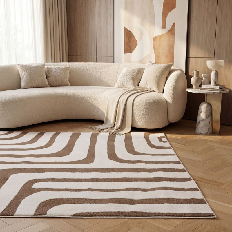 Loft Modern Curved Line Living Room Area Rug and Runner Soft Pile, Rectangle 80 x 150 cm, Brown/Ivory