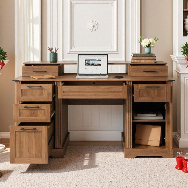 Bureau de ferme 59 po avec station de charge, porte de grange et armoire de rangement 59 po, Brun
