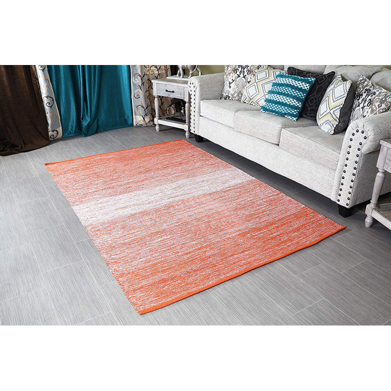 Tapis de zone orange en coton dégradé fait main à tissage plat Thon