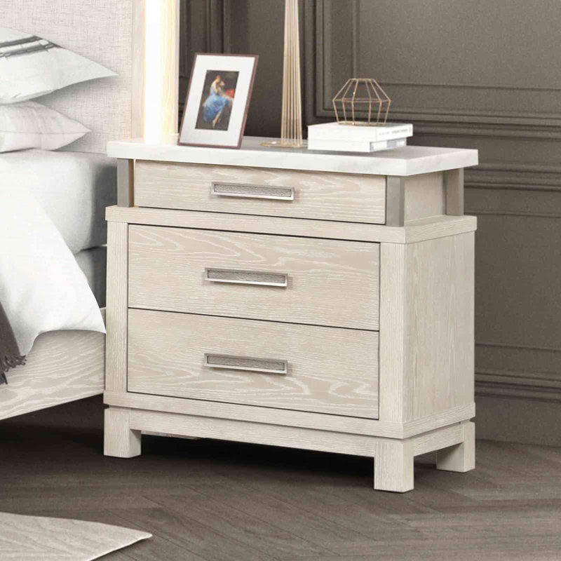 Table de chevet en marbre de style transitionnel avec poignées en métal, table de chevet