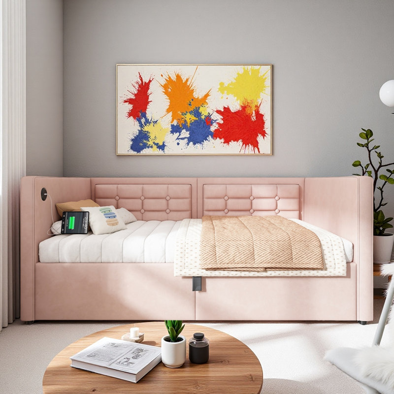 Lit de jour moderne capitonné capitonné avec chargement USB et Type-C, Rose