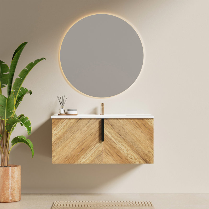 36"  Wall-Mounted Floating Single Bathroom Vanity Set With White Ceramic Sink And Chevron Wood Grain Cabinet, 36'', White