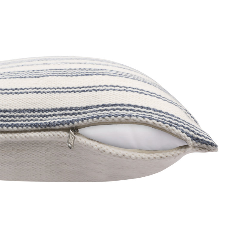 Housse de coussin intérieure / extérieure réversible tissée à la main Hendrum Coastal, polyester, Bleu marine/blanc