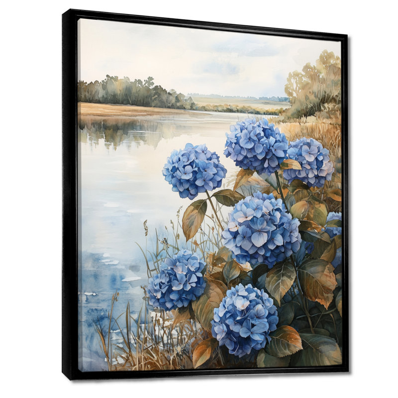 «Hydrangeas By The Riverbank I», reproduction d'art sur toile, Noir, Reproduction avec cadre flottant, H 44 po x l 34 po