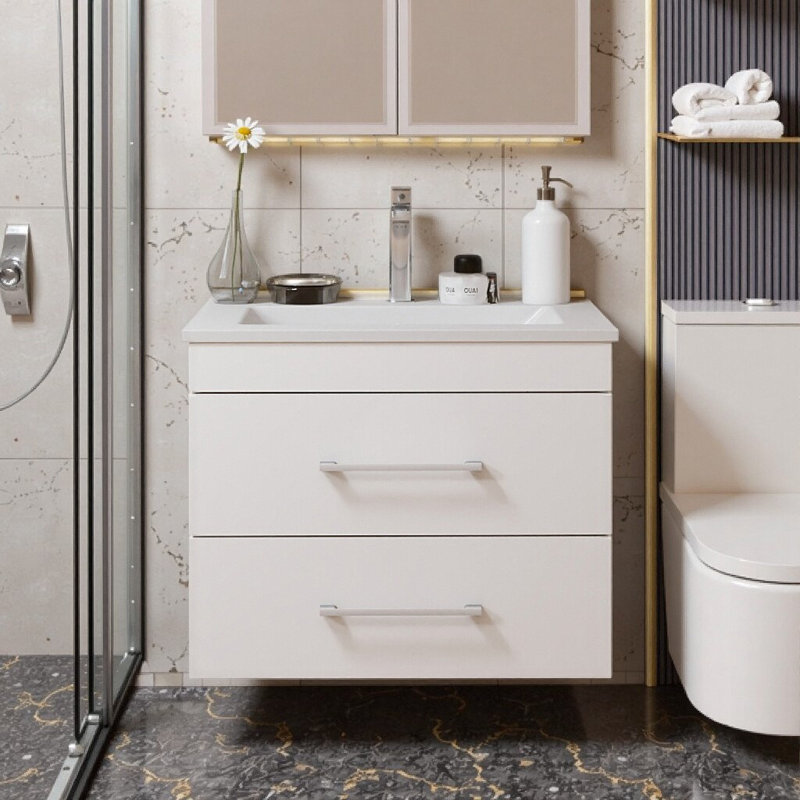 Meuble-lavabo flottant blanc brillant avec tiroirs à fermeture en douceur et lavabo en céramique - Conception moderne peu encombrante