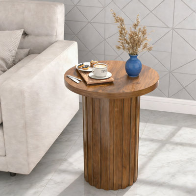 Farmhouse Pedestal End Table, Round Rustic Side Table With Fluted Panel