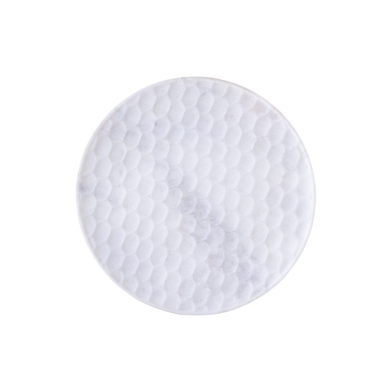 Plateau rond moyen en marbre blanc, H 1 po x l 8 po x P 8 po